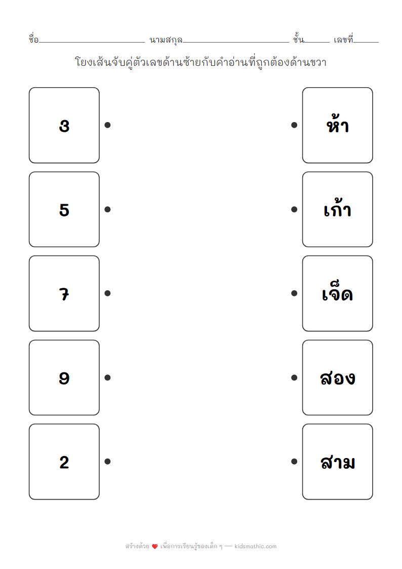 ใบงานจับคู่ตัวเลข 1-10 กับคำอ่านสำหรับเด็กอนุบาล