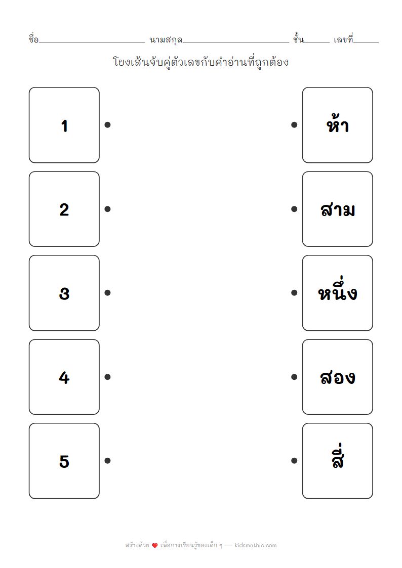 ใบงานจับคู่ตัวเลข 1-5 กับคำอ่านสำหรับเด็กอนุบาล