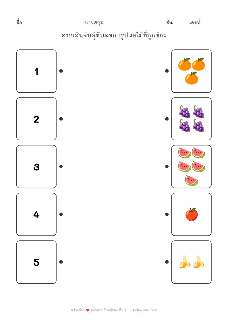 ใบงานคณิตศาสตร์: จับคู่ตัวเลข 1-5 กับผลไม้สำหรับเด็กอนุบาล