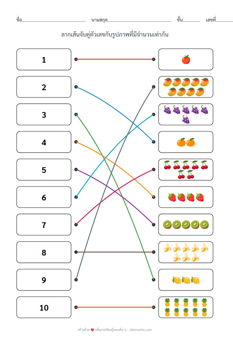 ใบงานจับคู่ตัวเลขกับจำนวนสิ่งของ (1-10) สำหรับเด็กอนุบาล - Answer