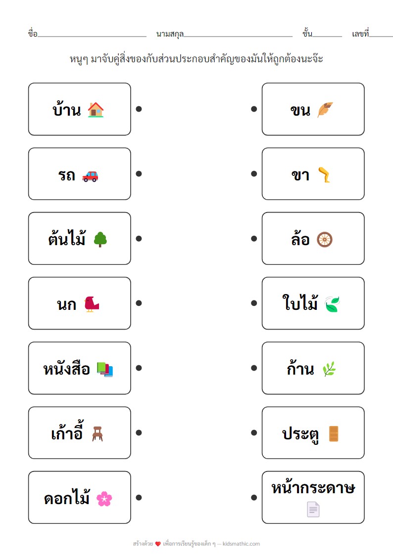 ใบงานจับคู่สิ่งของกับส่วนประกอบสำคัญสำหรับเด็กอนุบาล