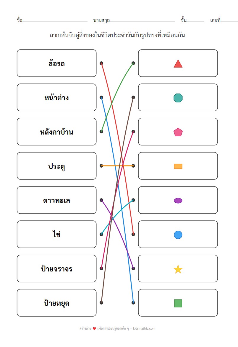 ใบงานจับคู่รูปทรงเรขาคณิตกับสิ่งของในชีวิตประจำวันสำหรับเด็ก ป.1 - Answer