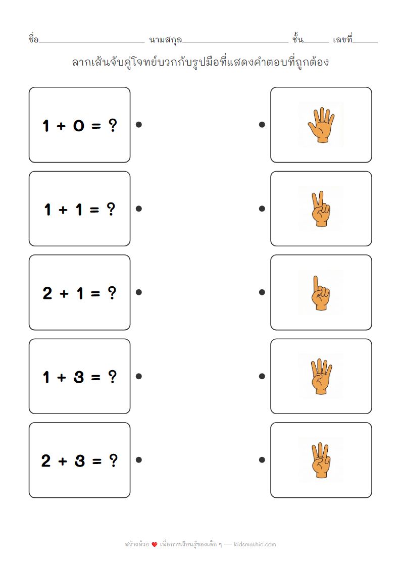 ใบงานจับคู่โจทย์บวกง่ายกับรูปมือนับนิ้วสำหรับเด็กอนุบาล