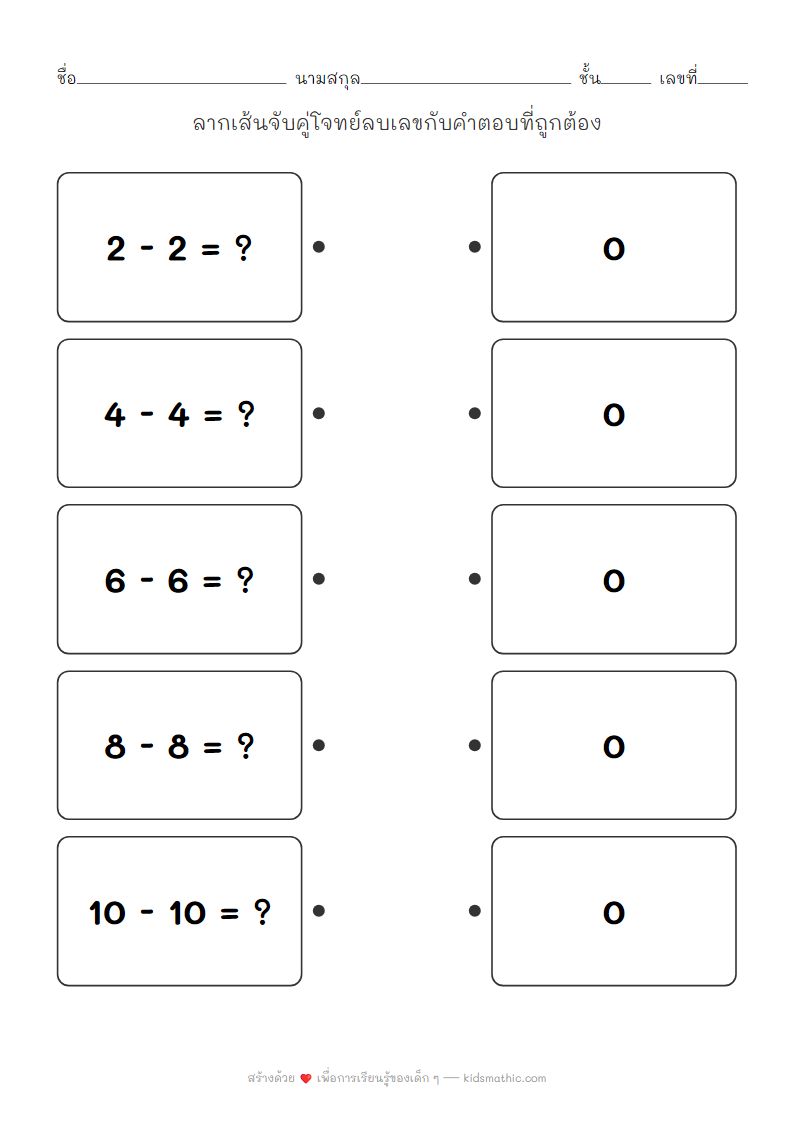 ใบงานจับคู่โจทย์ลบเลขง่ายๆ สำหรับเด็กอนุบาล