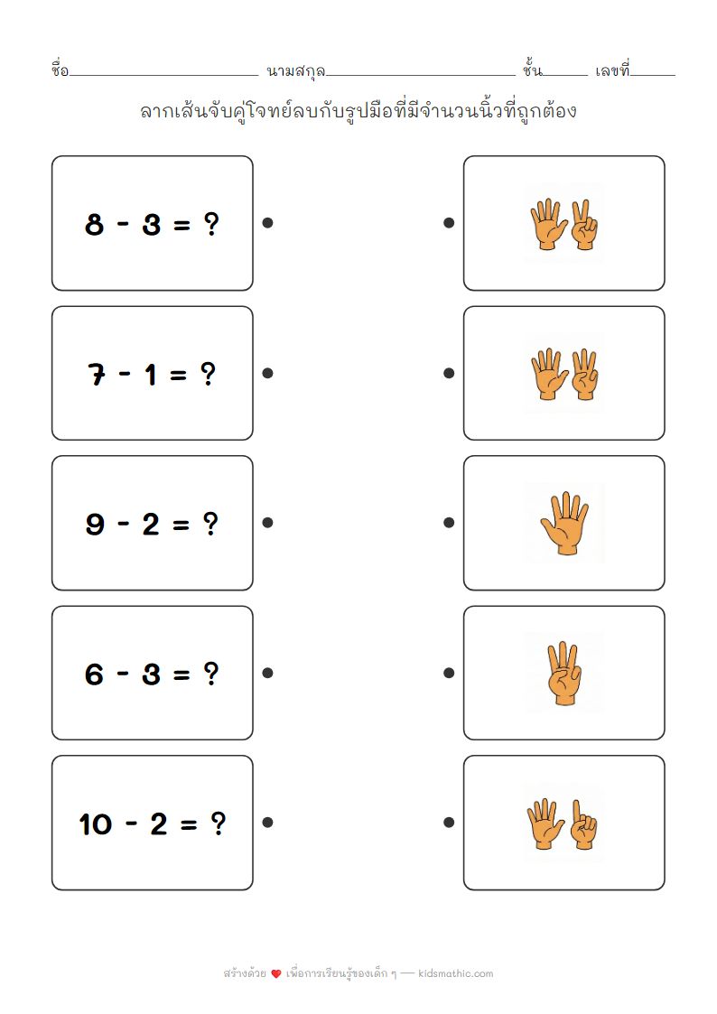 ใบงานจับคู่โจทย์ลบกับจำนวนนิ้วสำหรับเด็กอนุบาล