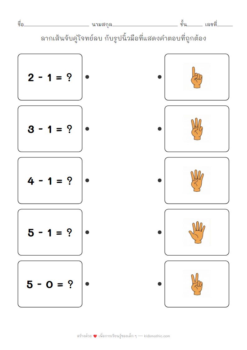 ใบงานจับคู่โจทย์ลบเลขง่ายๆ กับรูปนิ้วมือสำหรับเด็กอนุบาล