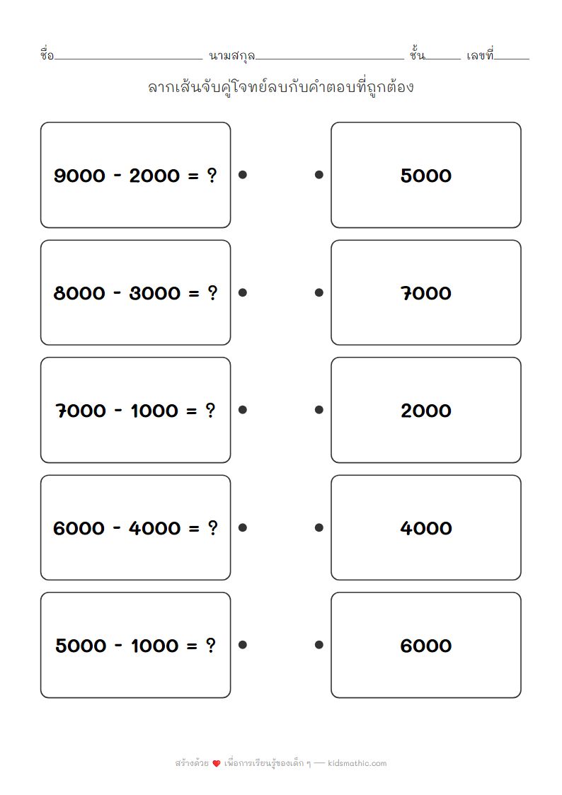 ใบงานจับคู่โจทย์ลบเลขหลักพันสำหรับเด็กอนุบาล