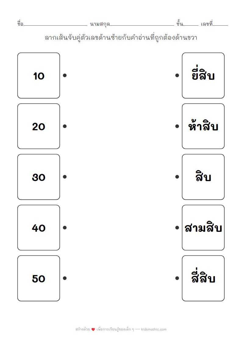 ใบงานจับคู่ตัวเลขหลักสิบกับคำอ่านสำหรับเด็กอนุบาล
