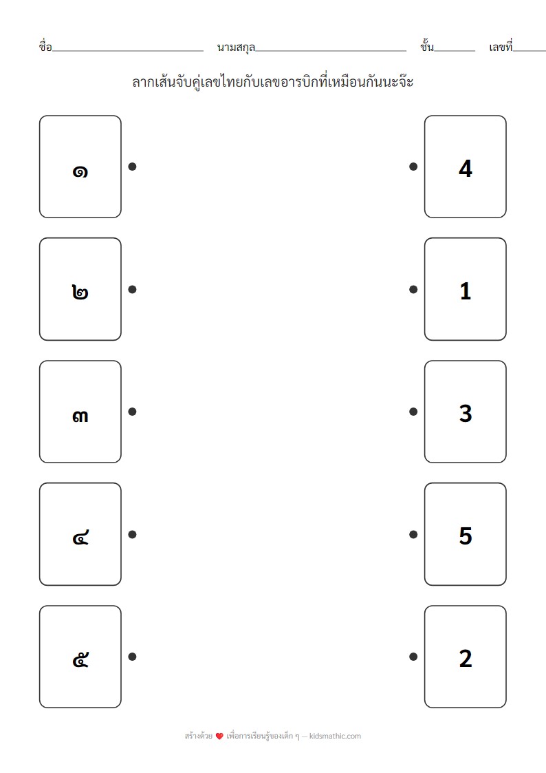 ใบงานจับคู่เลขไทยกับเลขอารบิกสำหรับเด็กอนุบาล