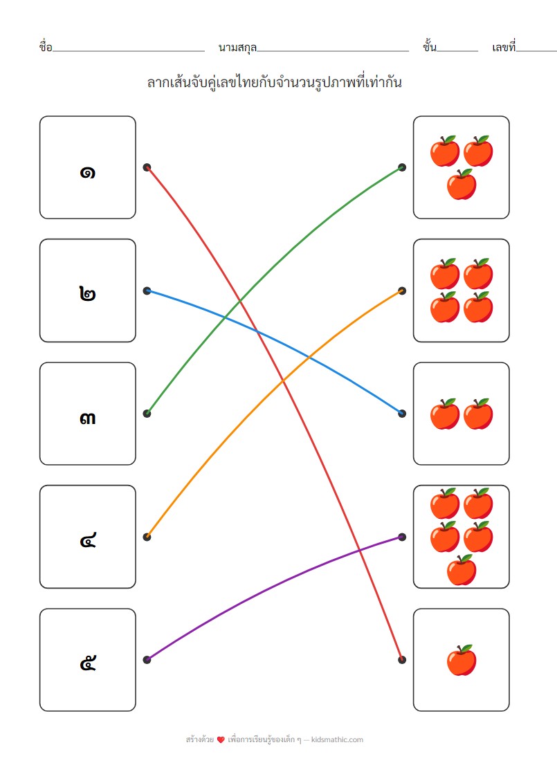 ใบงานจับคู่เลขไทย ๑-๕ กับจำนวนรูปภาพสำหรับเด็กอนุบาล - Answer
