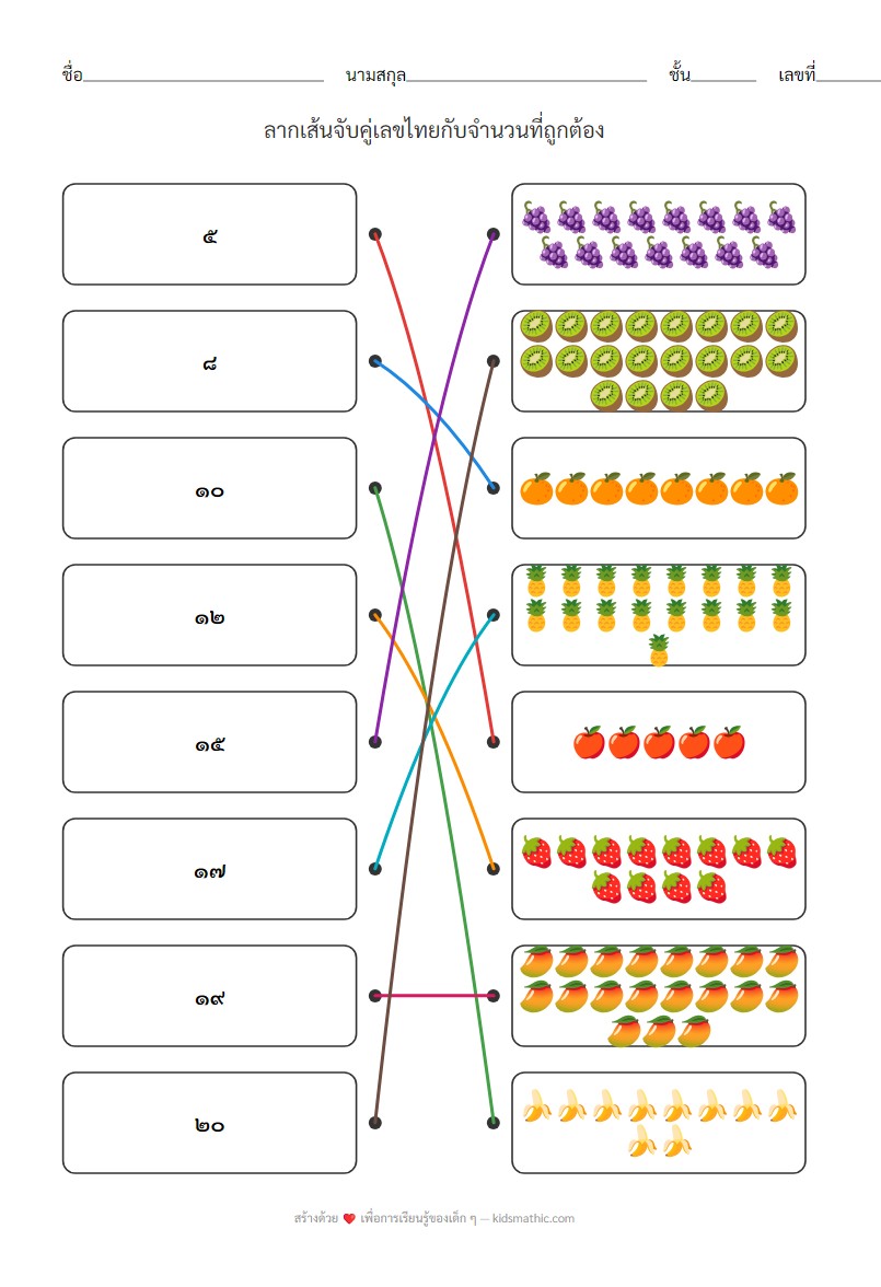 ใบงานจับคู่เลขไทยกับจำนวนสำหรับอนุบาล - Answer