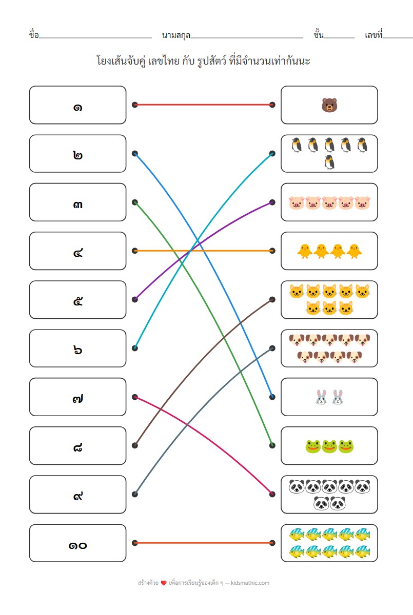 ใบงานจับคู่เลขไทย ๑-๑๐ กับจำนวนสัตว์น่ารัก - อนุบาล - Answer