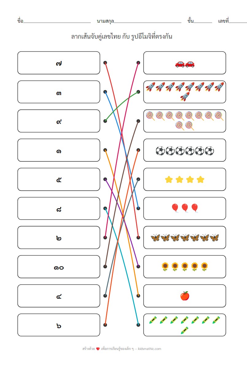ใบงานจับคู่เลขไทยกับอีโมจิสำหรับเด็กอนุบาล - Answer
