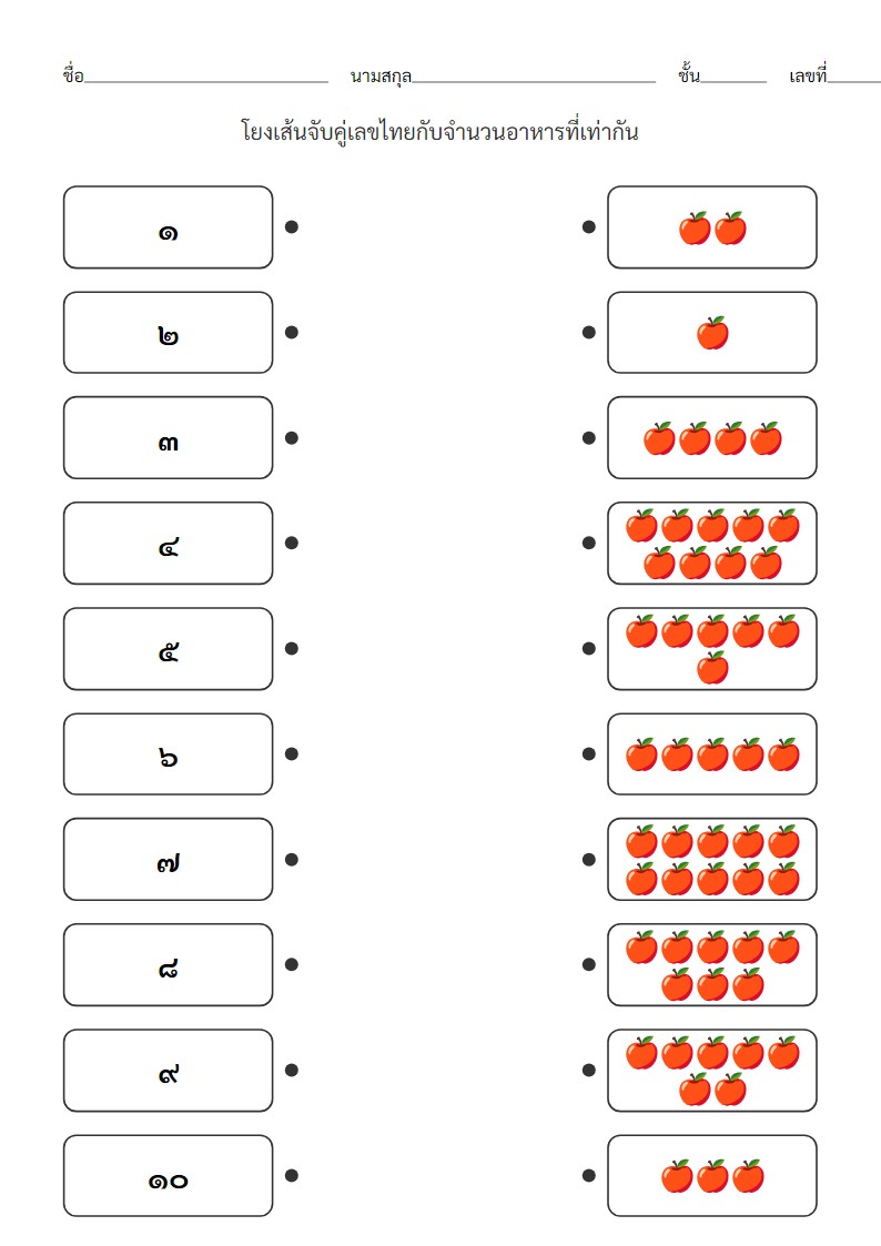 ใบงานจับคู่เลขไทย ๑-๑๐ กับจำนวนอาหารสำหรับอนุบาล