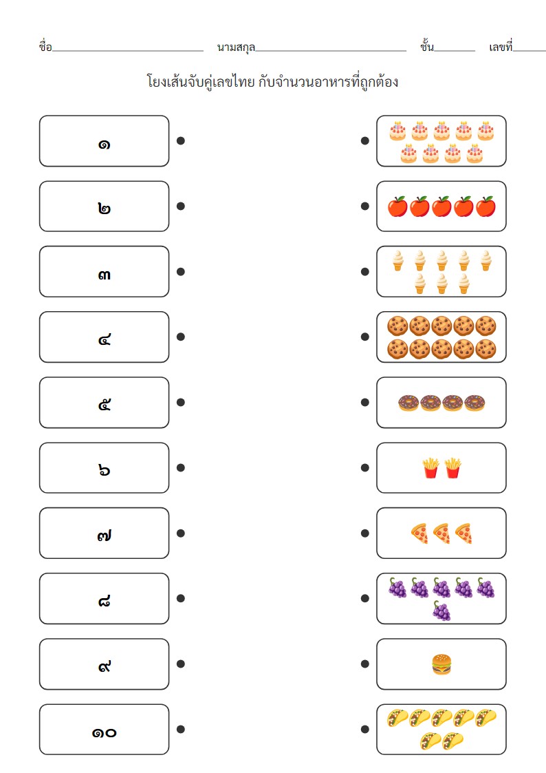 ใบงานจับคู่เลขไทยกับจำนวนอาหารสำหรับเด็กอนุบาล