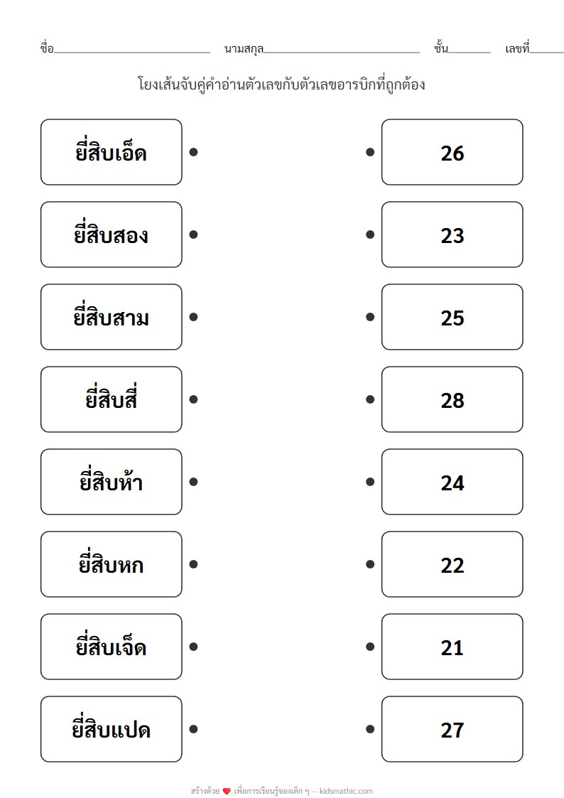 ใบงานจับคู่คำอ่านตัวเลข 21-28 สำหรับอนุบาล 3