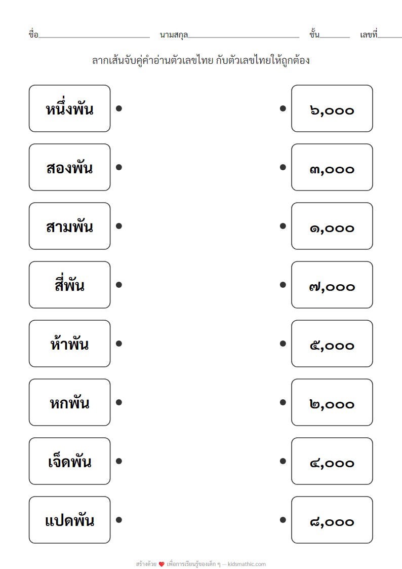 ใบงานจับคู่คำอ่านตัวเลขไทยหลักพันสำหรับ ป.1