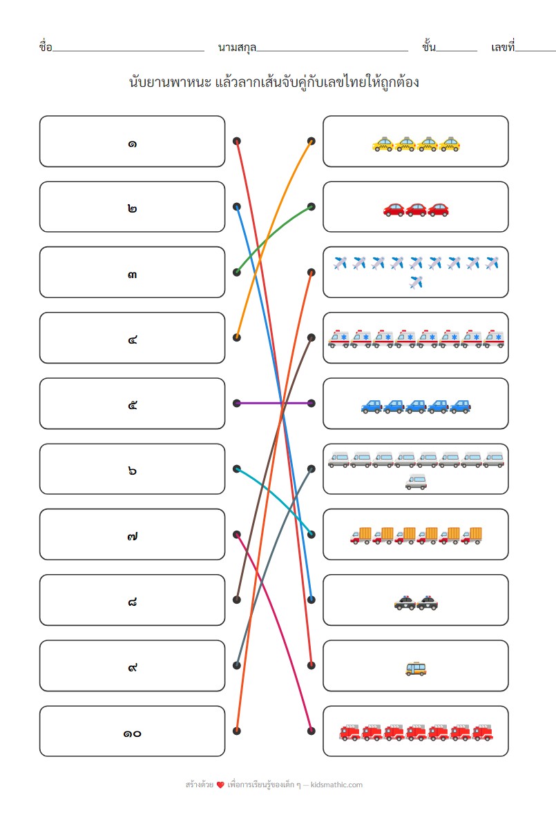 ใบงานจับคู่เลขไทย ๑-๑๐ กับยานพาหนะ - Answer