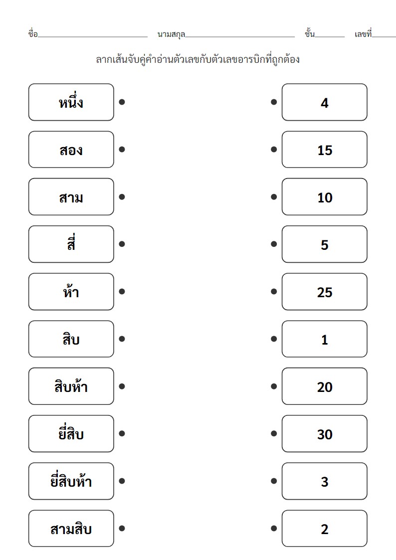 ใบงานจับคู่คำอ่านตัวเลขและตัวเลขอารบิก 1-30 สำหรับอนุบาล 3