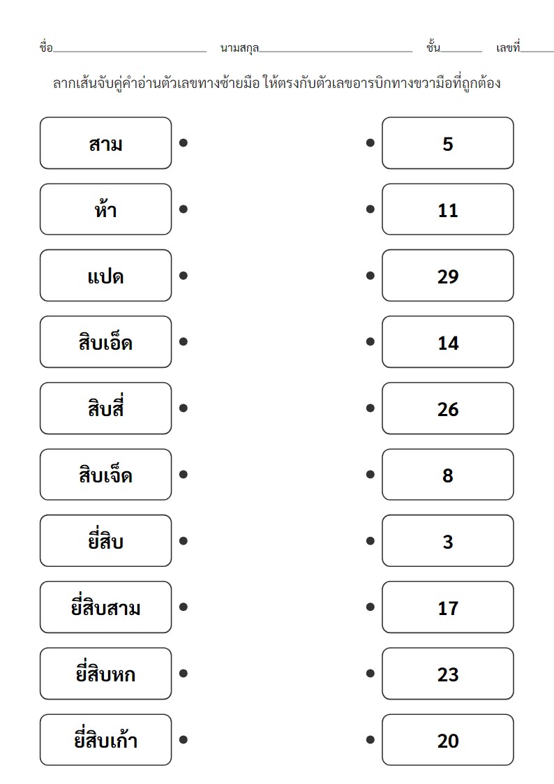 ใบงานจับคู่คำอ่านตัวเลขกับตัวเลขอารบิกสำหรับ ป.1