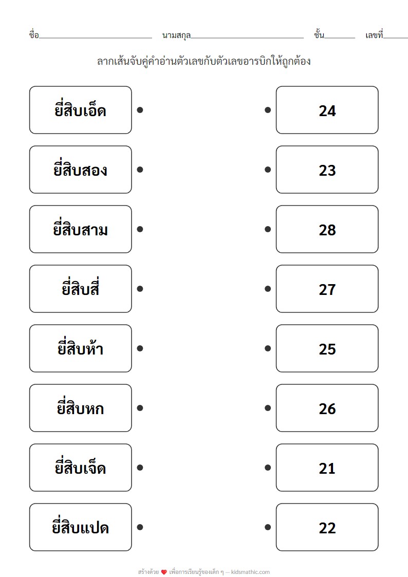 ใบงานจับคู่คำอ่านตัวเลข 21-28 กับตัวเลขอารบิกสำหรับอนุบาล 3