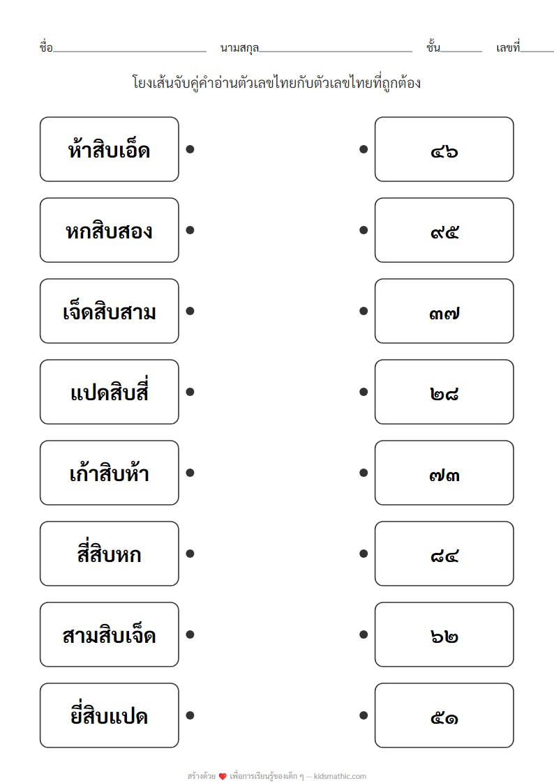 ใบงานจับคู่คำอ่านเลขไทยกับตัวเลขไทยสำหรับ ป.1
