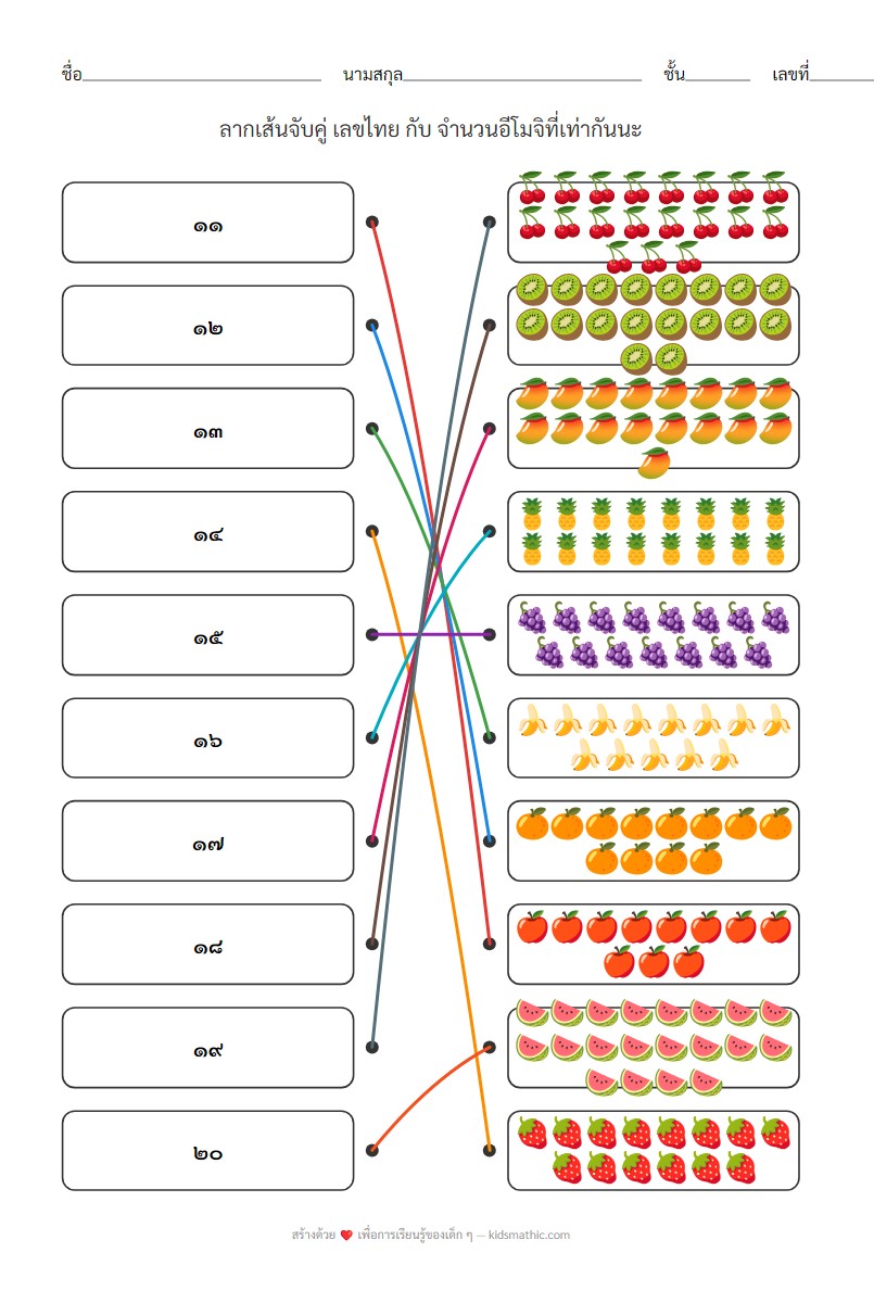 ใบงานจับคู่เลขไทย ๑๑-๒๐ กับอีโมจิจำนวนมากสำหรับอนุบาล - Answer