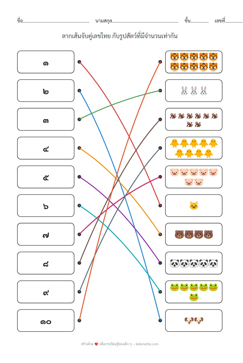 ใบงานจับคู่เลขไทย ๑-๑๐ กับจำนวนสัตว์น่ารัก - อนุบาล - Answer