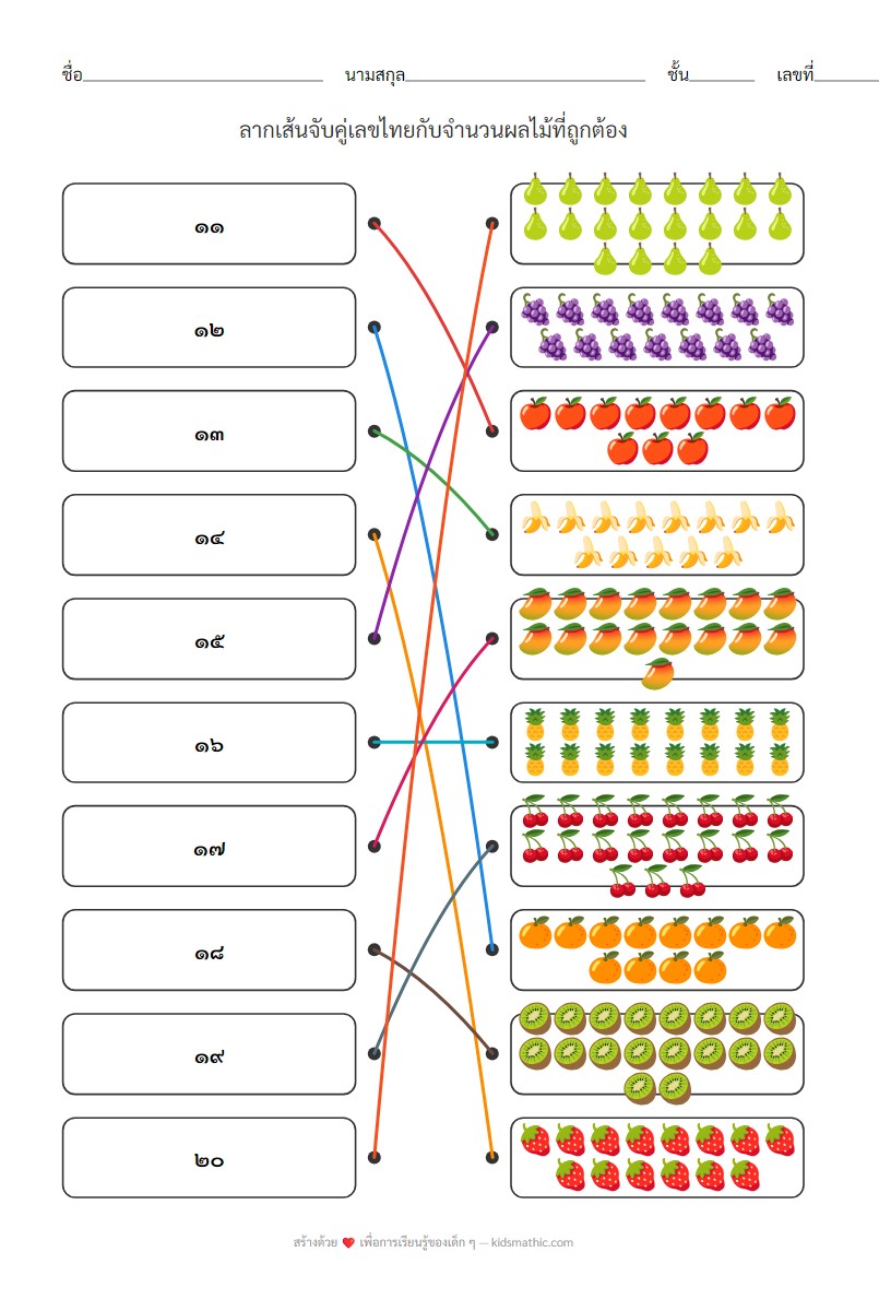 ใบงานจับคู่เลขไทย 11-20 กับจำนวนผลไม้สำหรับเด็กอนุบาล - Answer