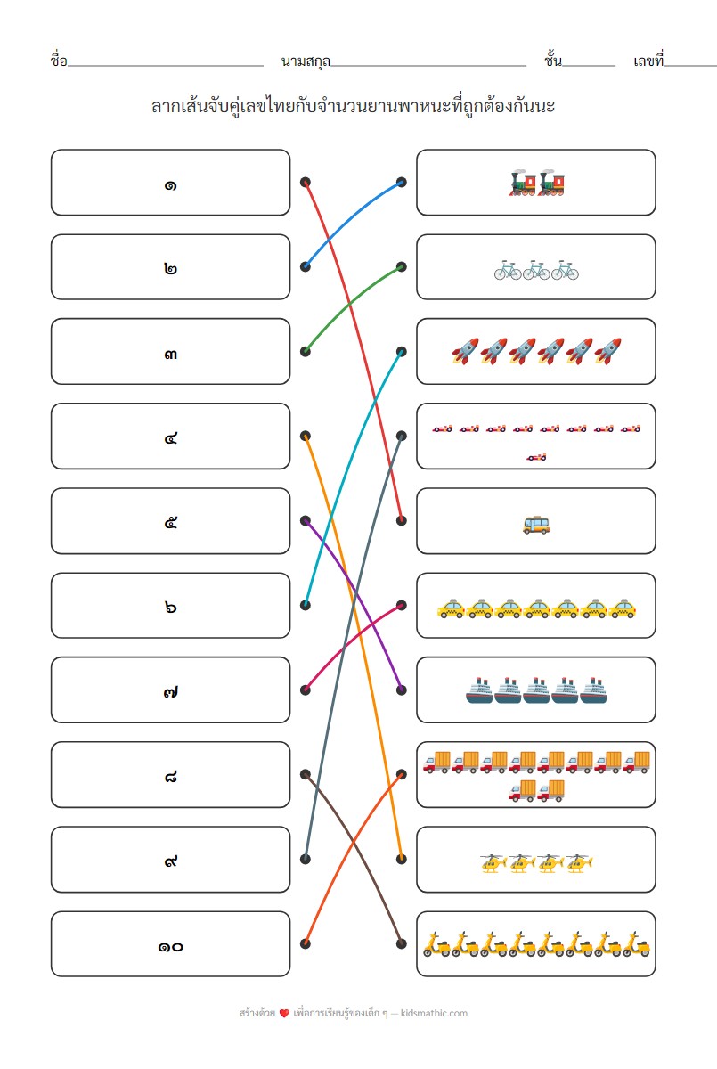 ใบงานจับคู่เลขไทย 1-10 กับยานพาหนะสำหรับเด็กอนุบาล - Answer