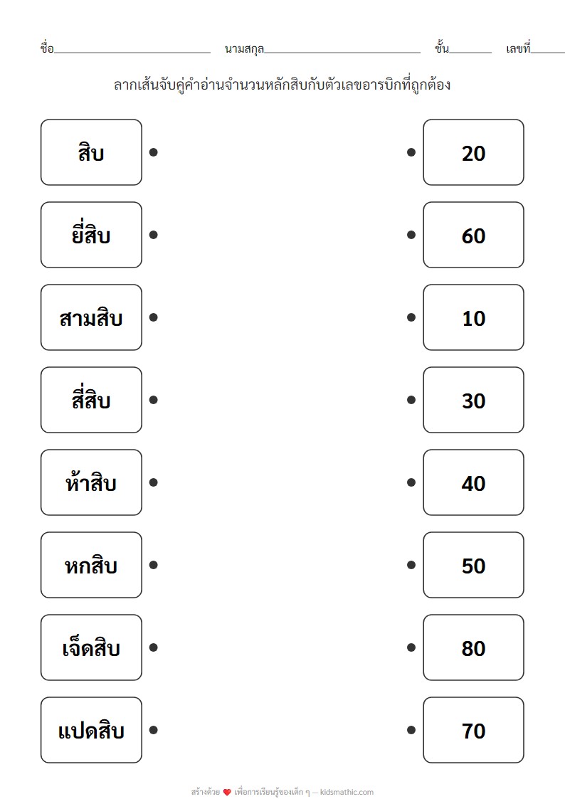 ใบงานจับคู่คำอ่านจำนวนหลักสิบกับตัวเลขอารบิก