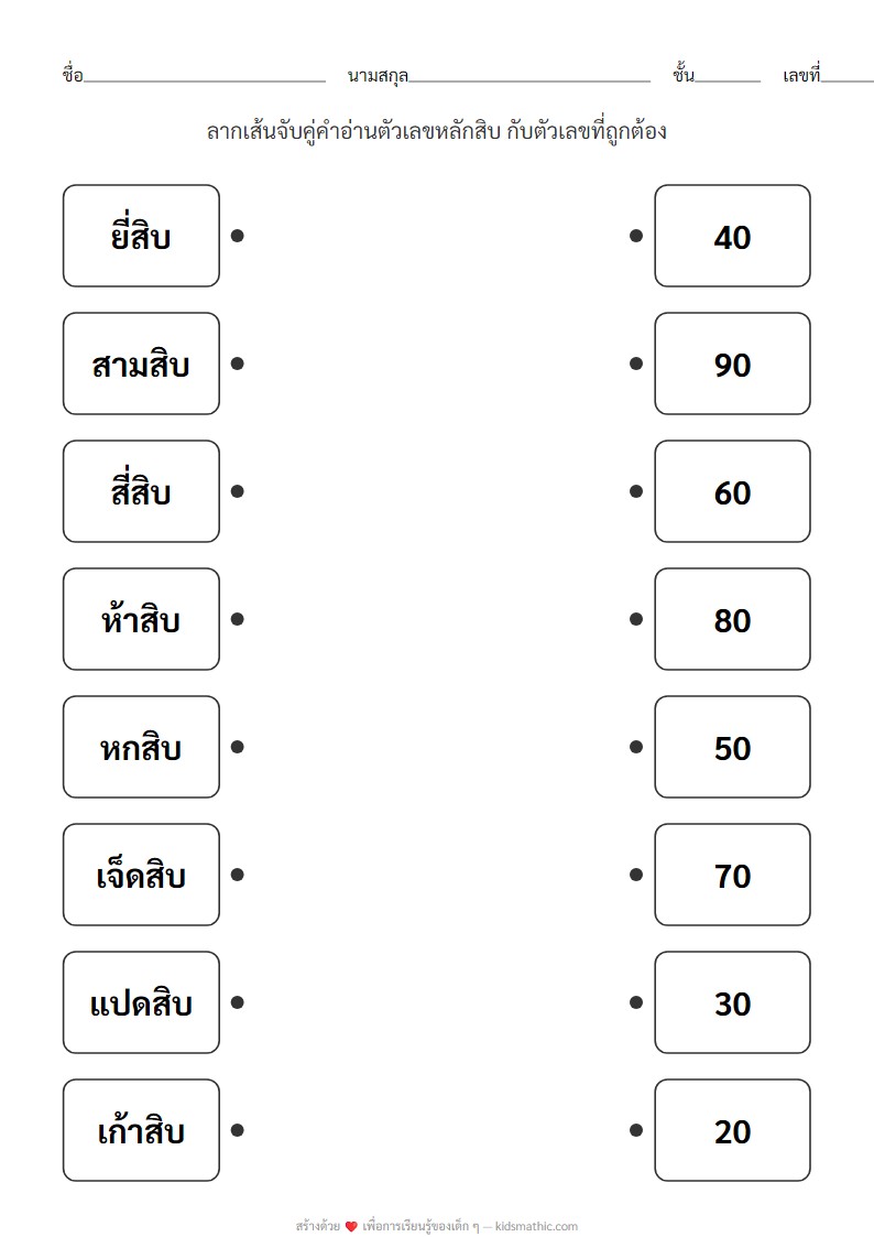 ใบงานจับคู่คำอ่านเลขหลักสิบสำหรับ ป.1