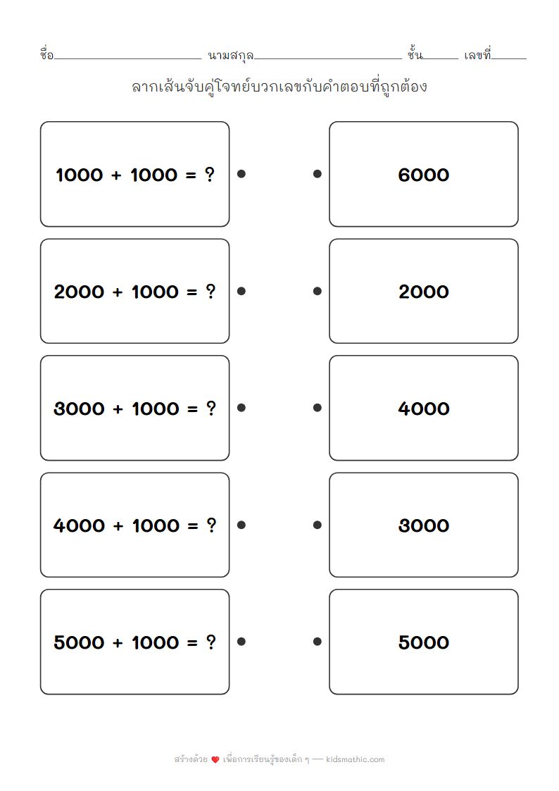 ใบงานจับคู่โจทย์บวกเลขหลักพันสำหรับเด็กอนุบาล