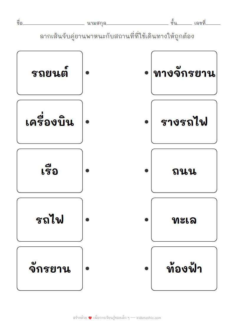 ใบงานจับคู่ยานพาหนะกับสถานที่ใช้งานสำหรับเด็กอนุบาล