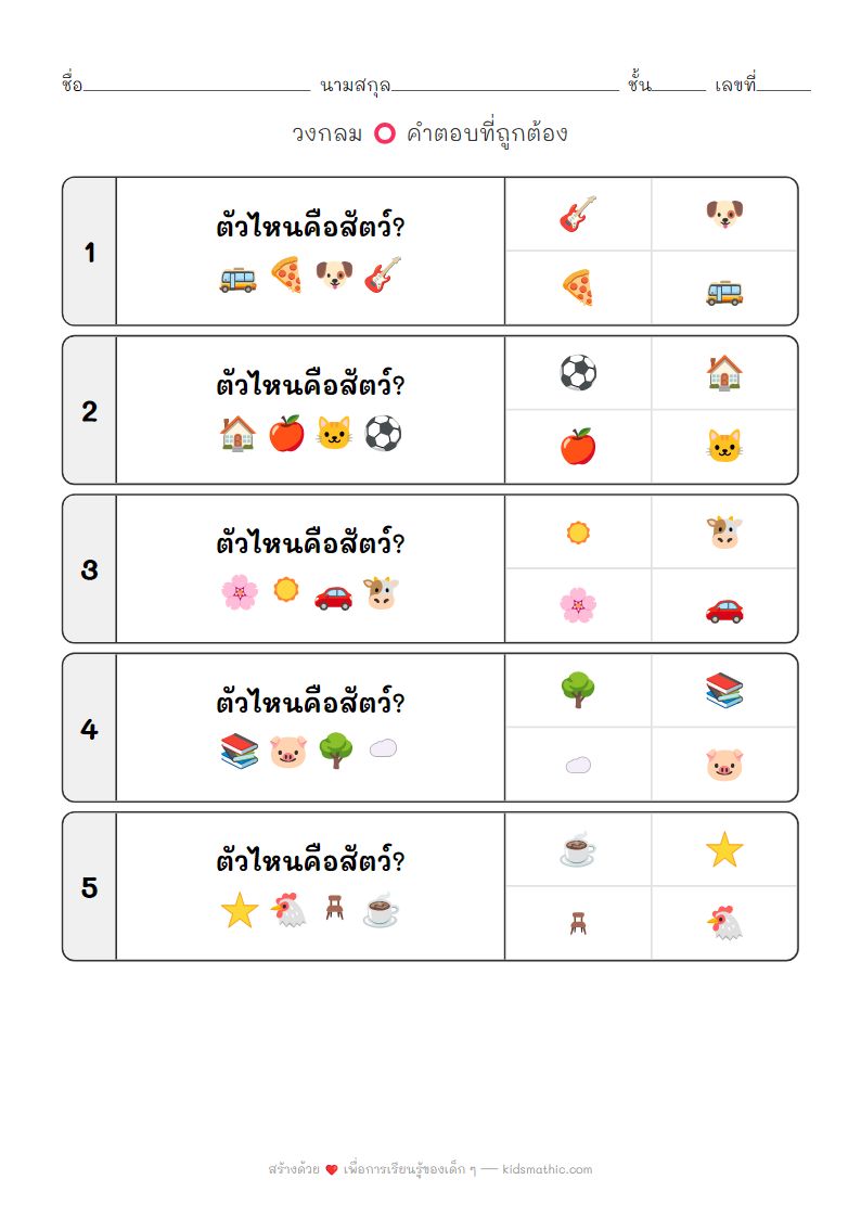 ใบงานจัดหมวดหมู่สัตว์สำหรับเด็กอนุบาล