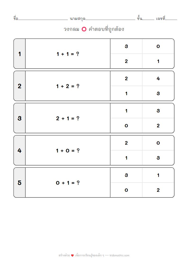 ใบงานบวกเลขง่ายๆสำหรับเด็กอนุบาล