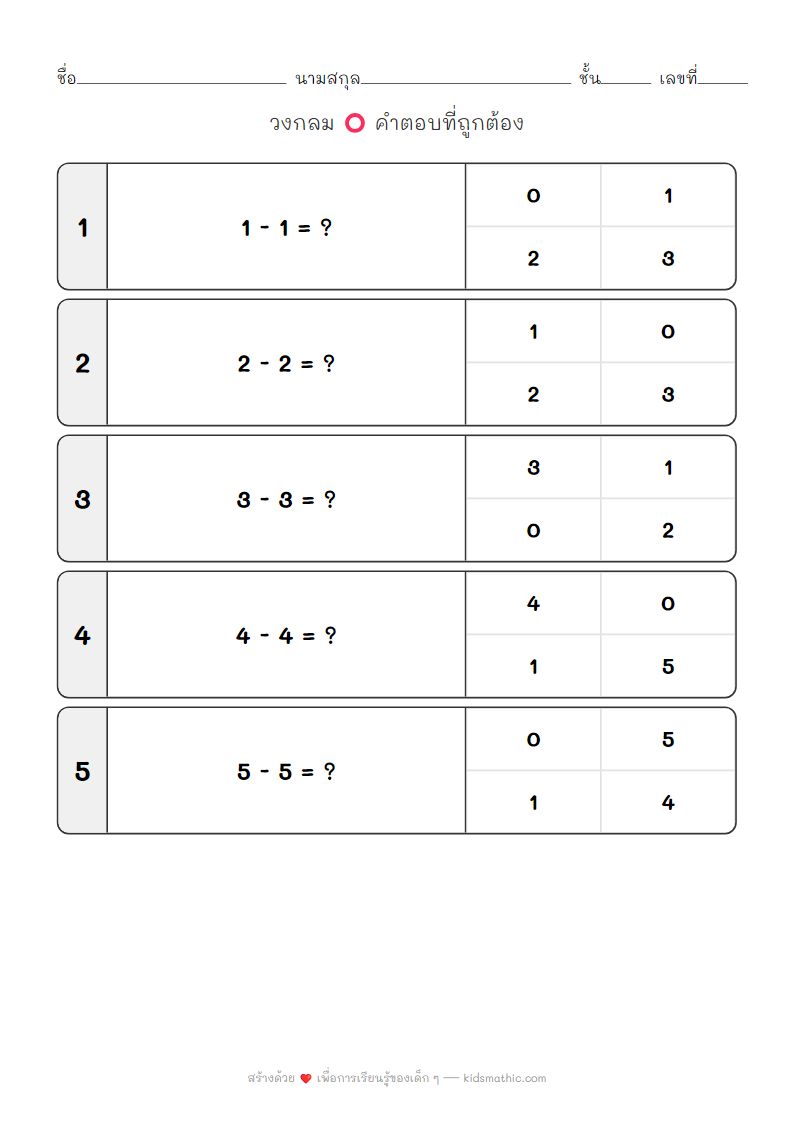 ใบงานลบเลขง่ายๆ ผลลัพธ์เป็นศูนย์สำหรับเด็กอนุบาล