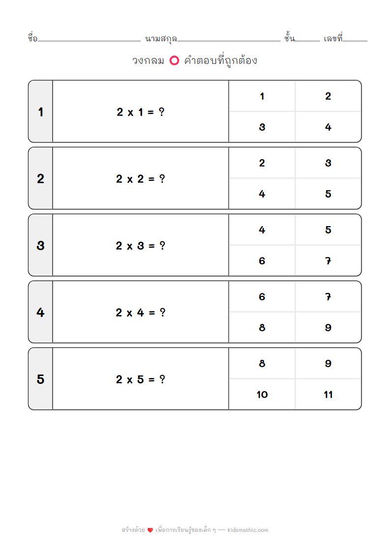 ใบงานคูณเลข: สูตรคูณแม่ 2 สำหรับอนุบาล 3 เตรียมเข้า ป.1
