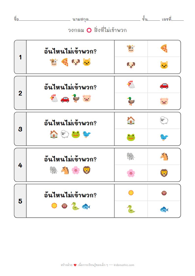 ใบงานหาสิ่งที่ไม่เข้าพวก: สัตว์กับสิ่งของสำหรับเด็กอนุบาล