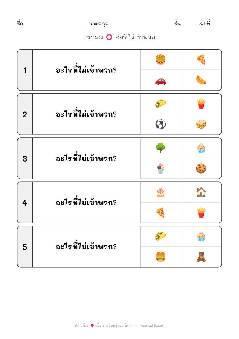 ใบงานหาสิ่งที่ไม่เข้าพวก: อาหารสำหรับเด็กอนุบาล