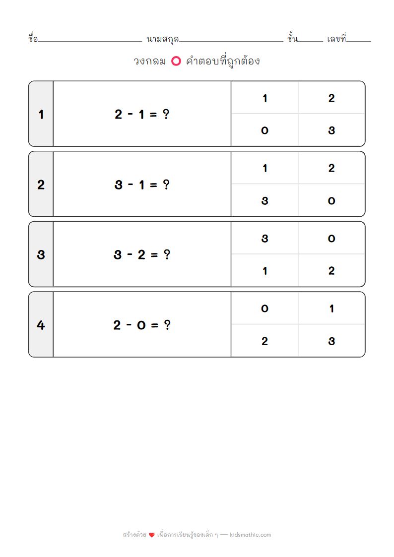 ใบงานลบเลขพื้นฐานสำหรับเด็กอนุบาล ฝึกนับและลบ