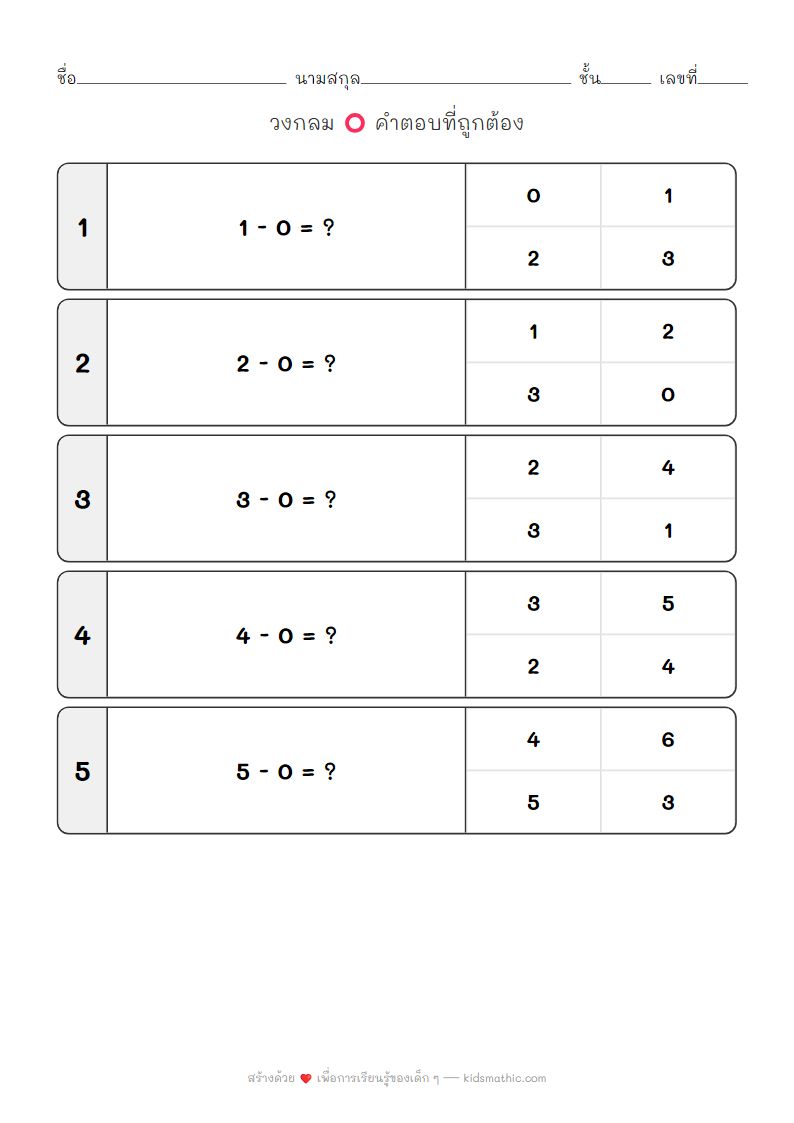 ใบงานคณิตศาสตร์: ลบเลข 0 สำหรับเด็กอนุบาล 1