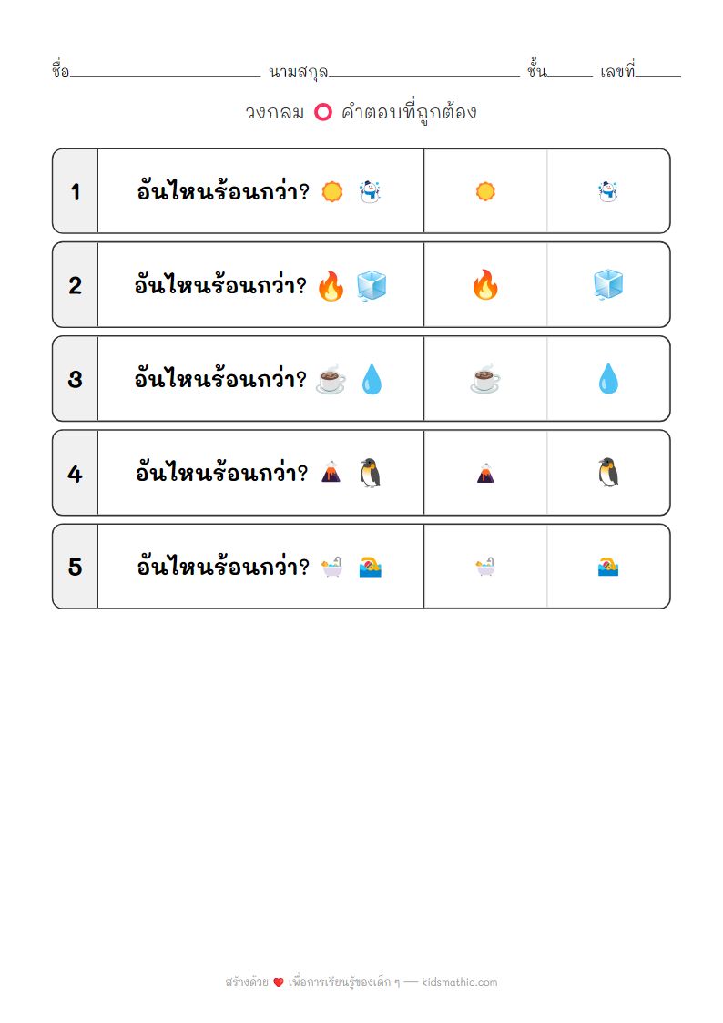 ใบงานเปรียบเทียบอุณหภูมิ ร้อน-เย็น สำหรับเด็กอนุบาล